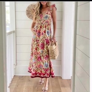 House of Harlow 1960 Zoey Khaki Ruched Flutter Smocked Dress